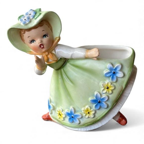 Napco Vintage Ceramic Girl Figurine Planter Green Dress Mid-Century - Picture 3 of 3